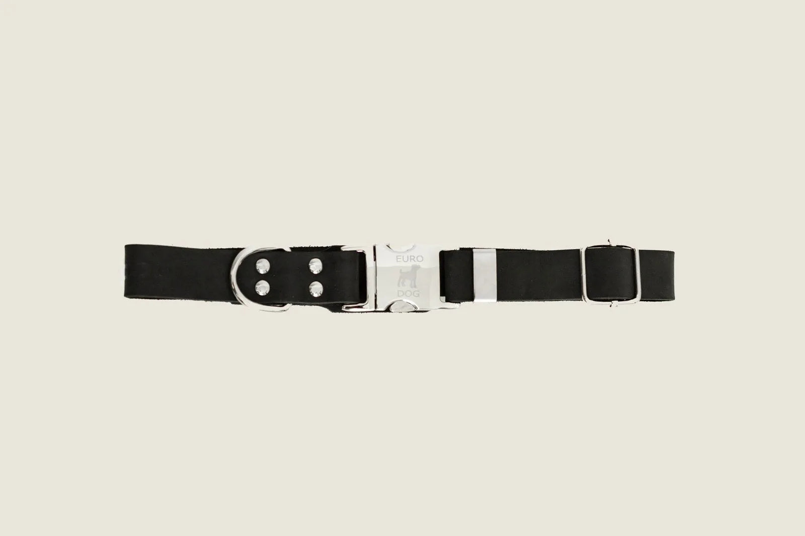 Midnight black leather dog collar with a quick-release buckle and silver hardware, featuring a sleek, modern design.