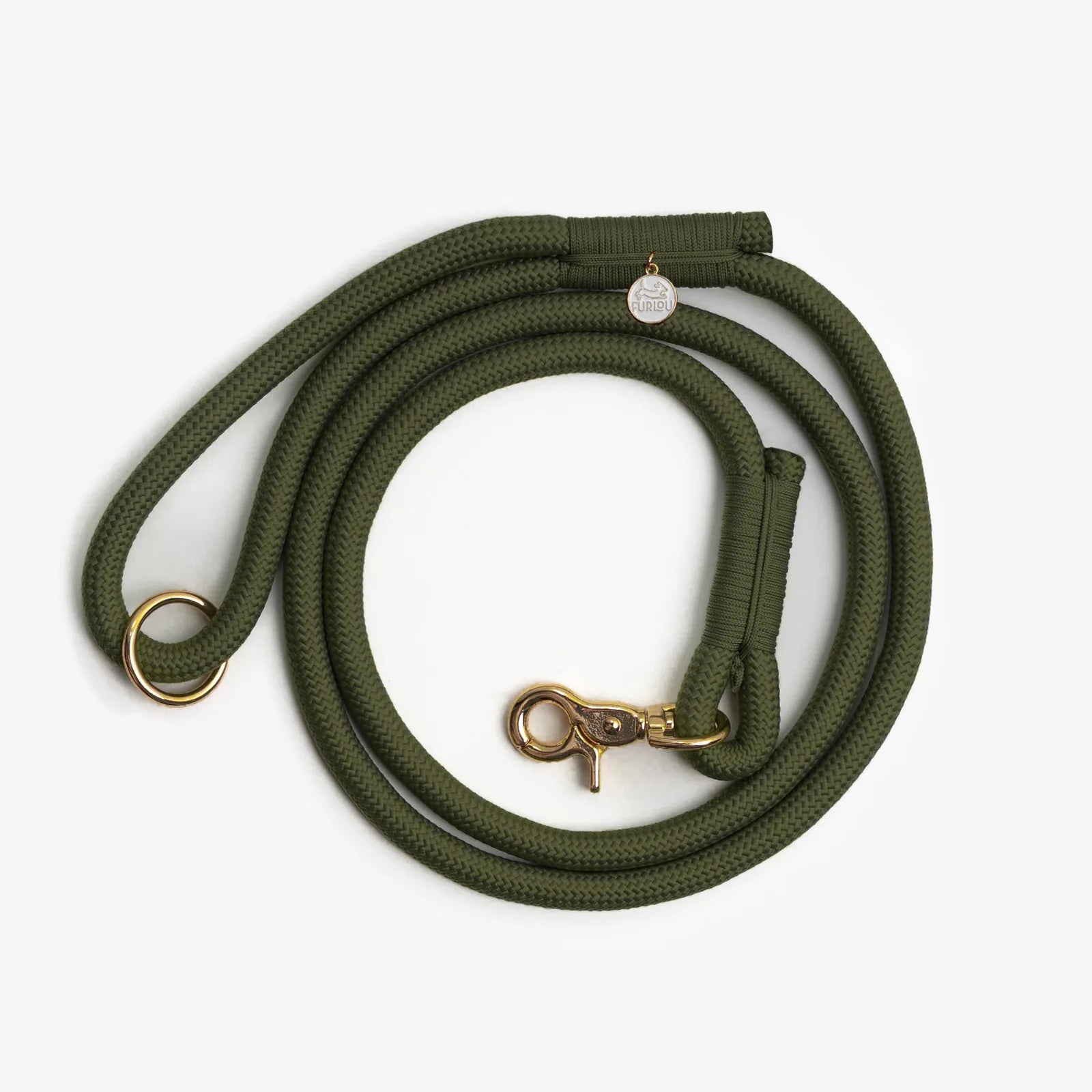 Moss green braided rope leash with gold clip and O-ring for accessory attachment, designed for daily dog walks.