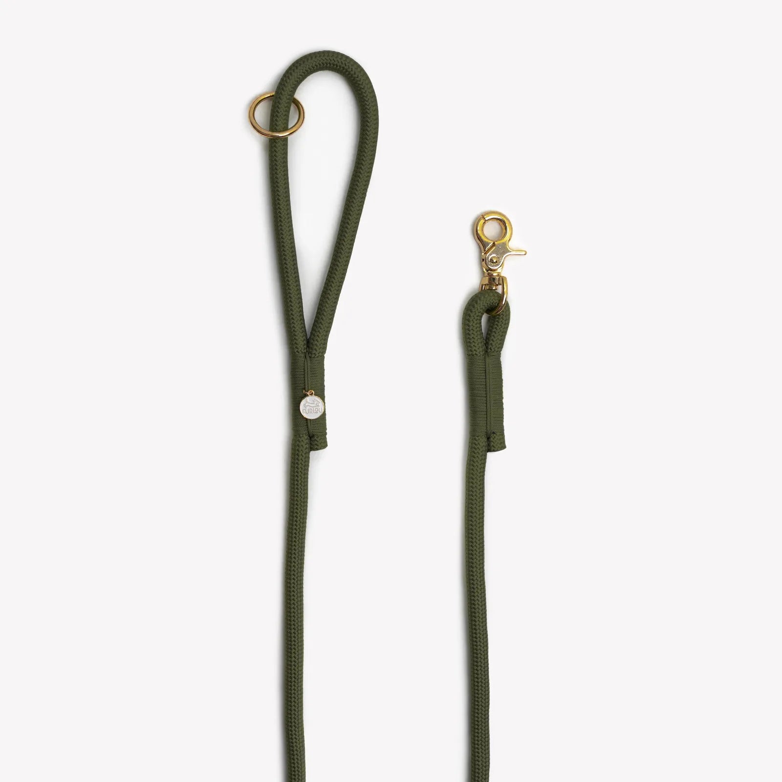 Braided rope leash in moss green, featuring a gold O-ring and clip for accessories, designed for strong pullers.