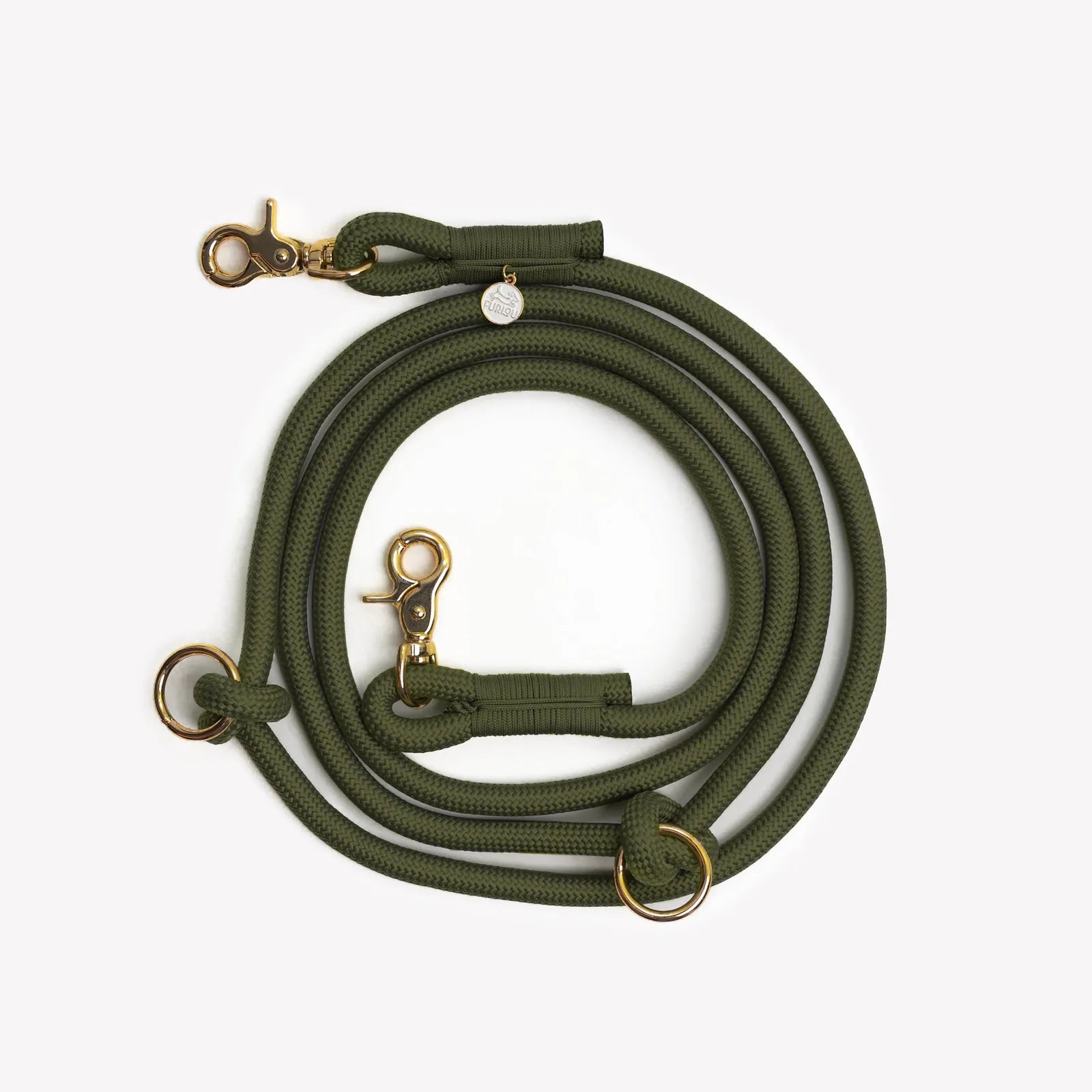 Moss green hands-free braided leash with gold hardware, designed for comfort and practicality during walks.