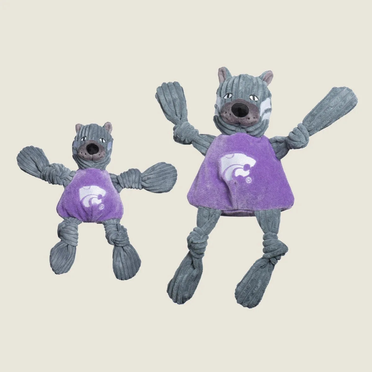 Kansas State University Willie the Wildcat plush dog toys in gray and purple with knotted limbs and squeakers.