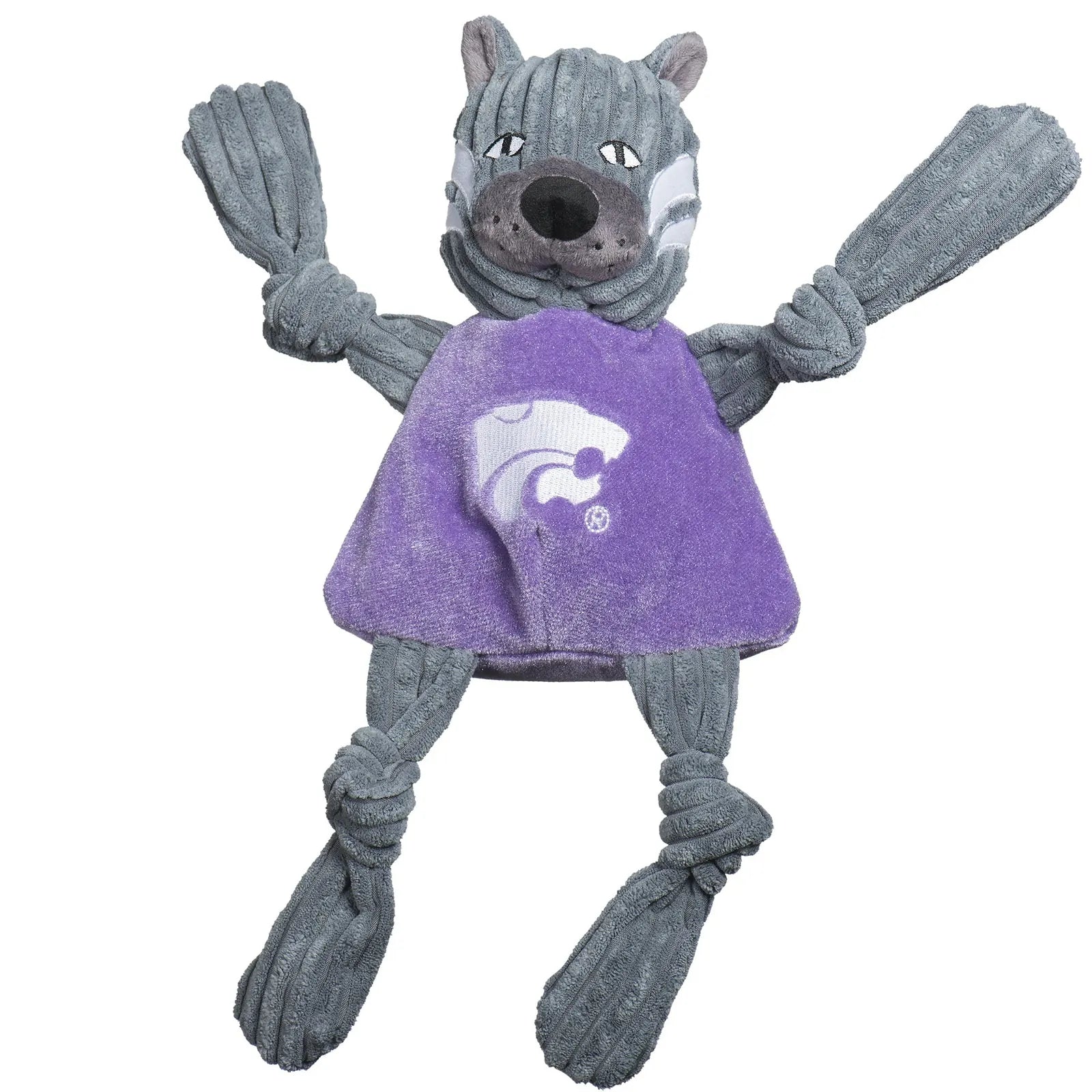 Gray plush dog toy resembling Willie the Wildcat, featuring knotted limbs and a purple Kansas State University jersey.
