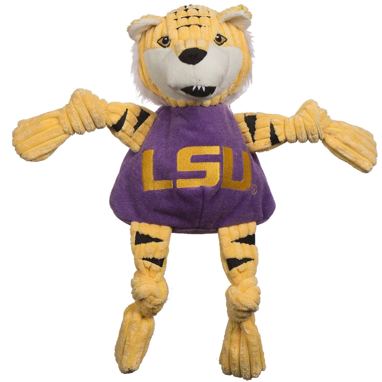 Yellow and purple plush LSU mascot dog toy with knotted limbs and five squeakers for interactive play.