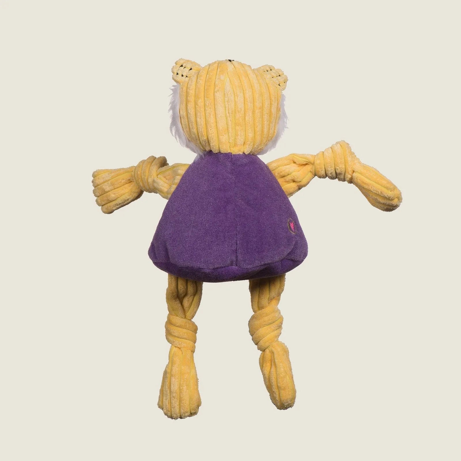 Colorful plush dog toy resembling Mike the Tiger, featuring knotted limbs and a soft purple body, ideal for interactive play.