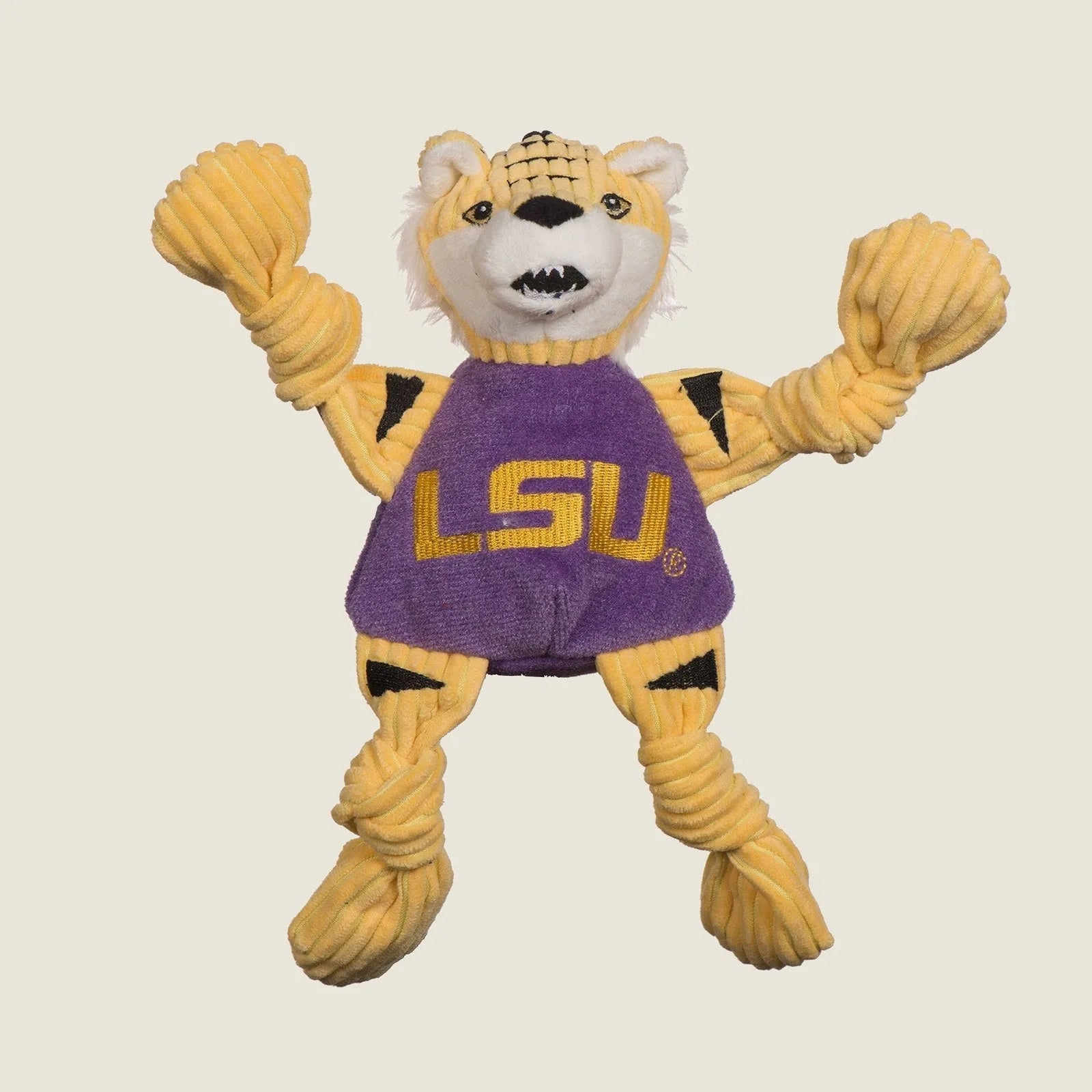 Yellow and purple LSU Mike the Tiger Knottie® plush dog toy with knotted limbs and five squeakers for interactive play.
