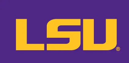 Bright yellow "LSU" logo on a deep purple background, representing Louisiana State University spirit in a bold design.