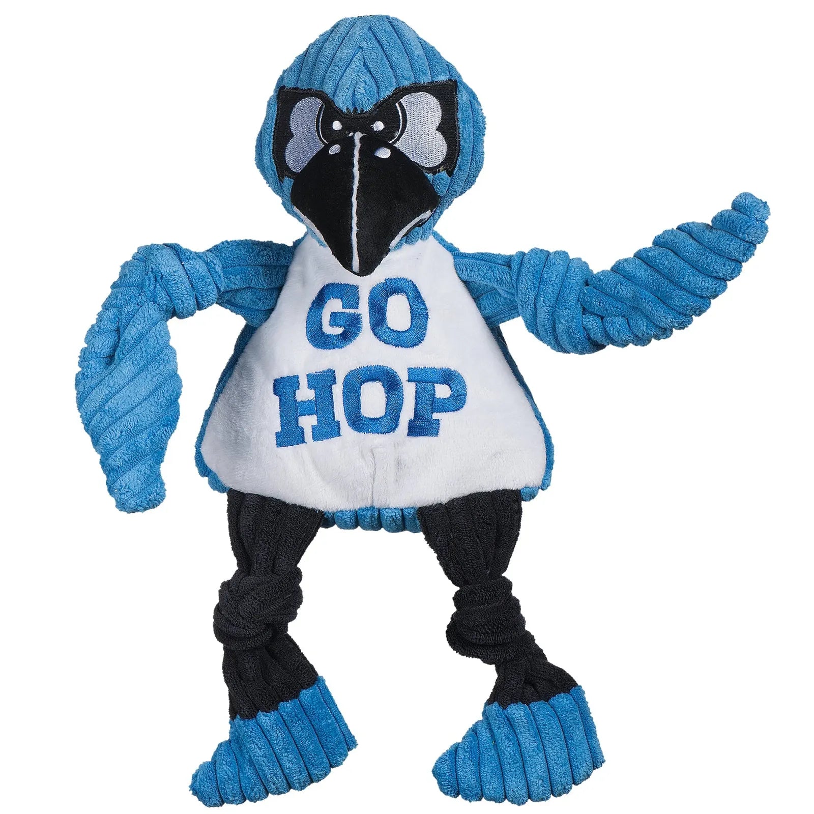 Blue Jay plush toy with knotted limbs and "GO HOP" text, made from durable corduroy fabric for interactive play.