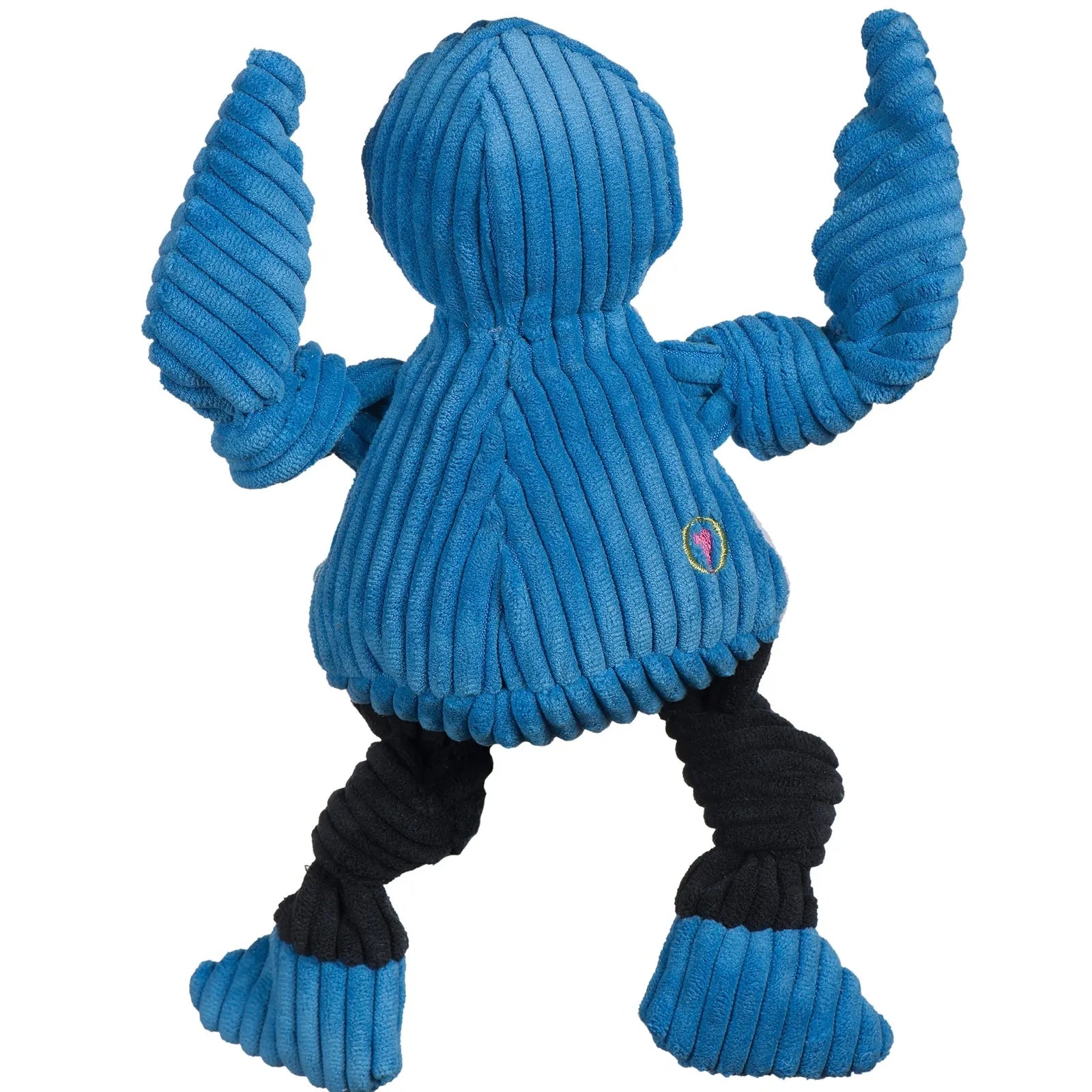 Jay the Blue Jay plush dog toy in blue and black with knotted limbs, made from durable corduroy for interactive play.