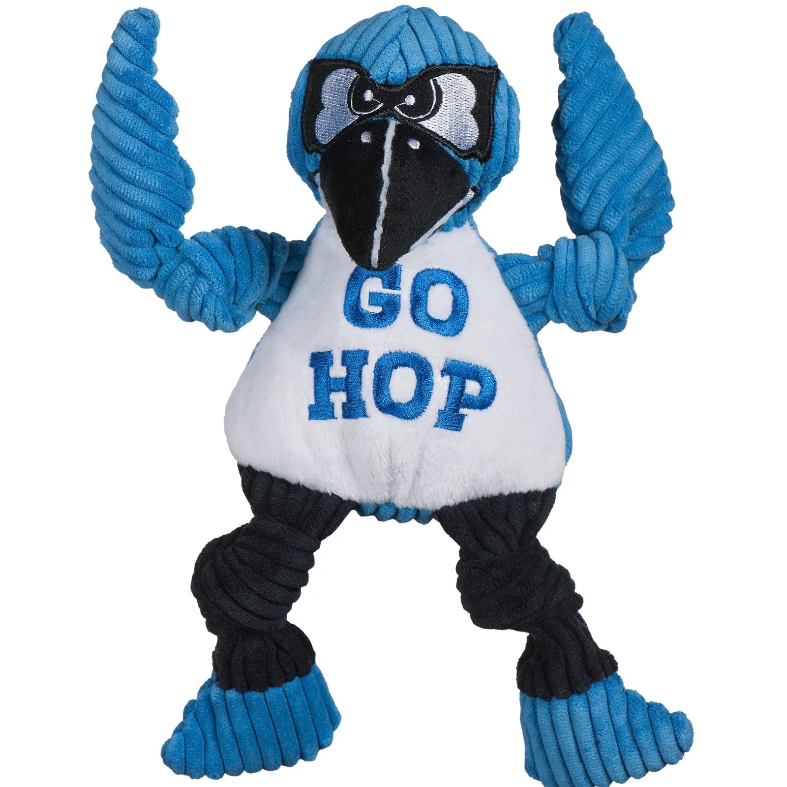 Plush blue Jay the Blue Jay dog toy with knotted limbs, "GO HOP" on chest, designed for interactive play and chewing.