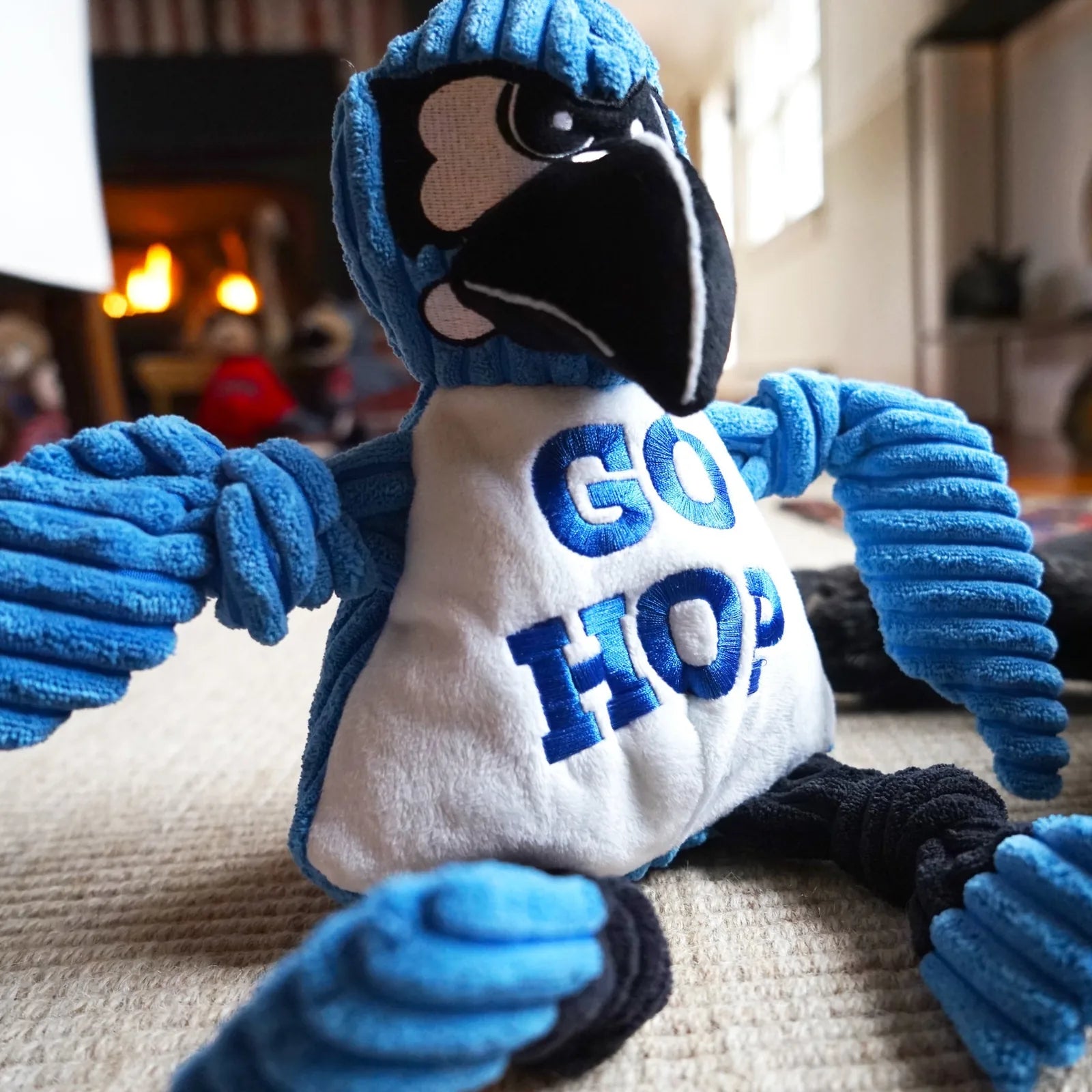 Blue Jay plush dog toy with knotted limbs, "GO HOP" print, and durable corduroy fabric for interactive play.