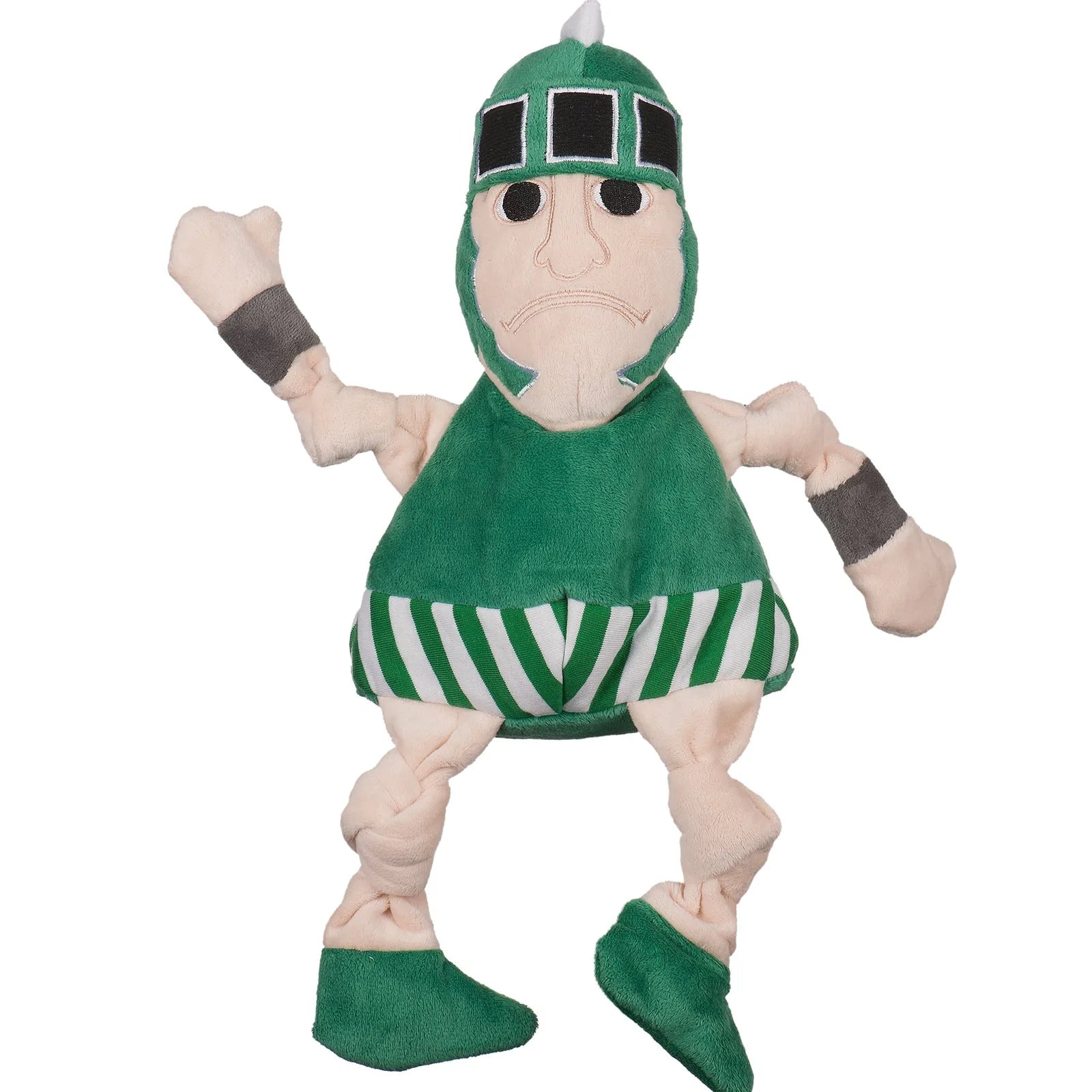 Michigan State Sparty plush dog toy in green and white stripes, featuring knotted limbs and five squeakers for interactive...