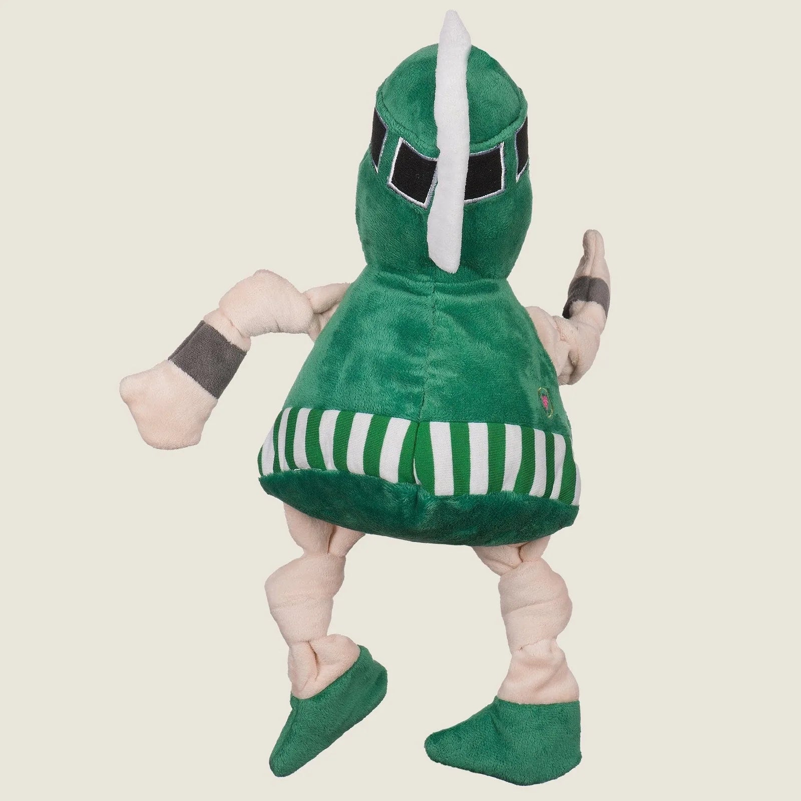 Green Michigan State Sparty plush dog toy with knotted limbs and squeakers, designed for interactive play and durability.