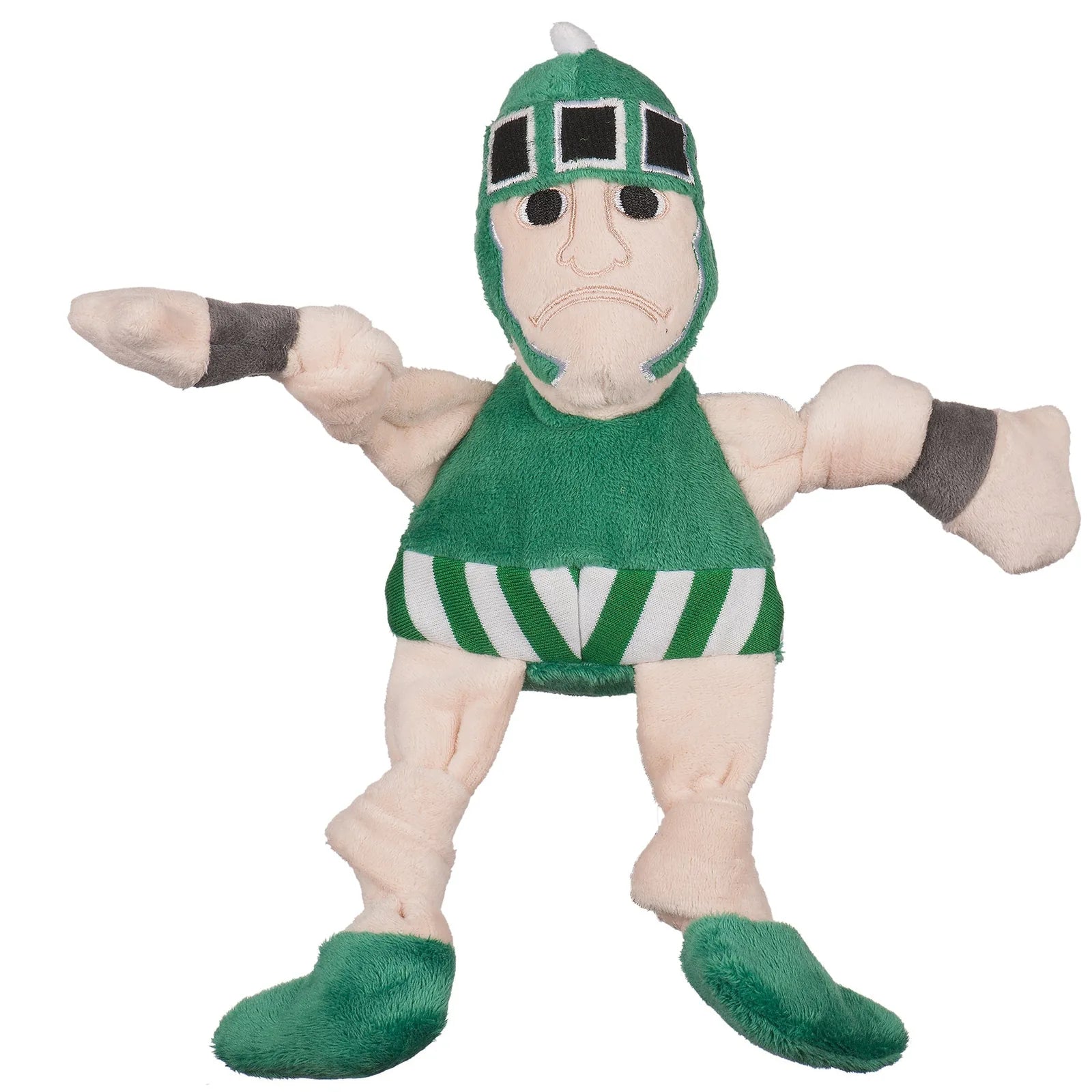 Green plush Michigan State University mascot toy with knotted limbs and five squeakers, perfect for dogs of all sizes.