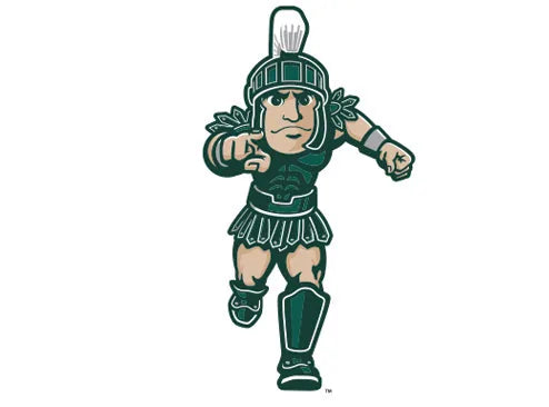 Michigan State University mascot Sparty in green and white, depicted in an action pose with a fierce expression.