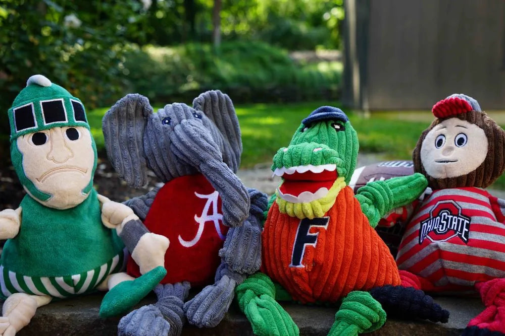 Plush Michigan State mascot dog toy in green, featuring knotted limbs and a cheerful expression, ideal for dog play.