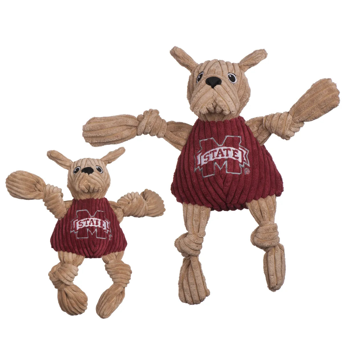 Two Bully the Bulldog plush dog toys showcasing knotted limbs and Mississippi State jerseys in maroon and tan colors.