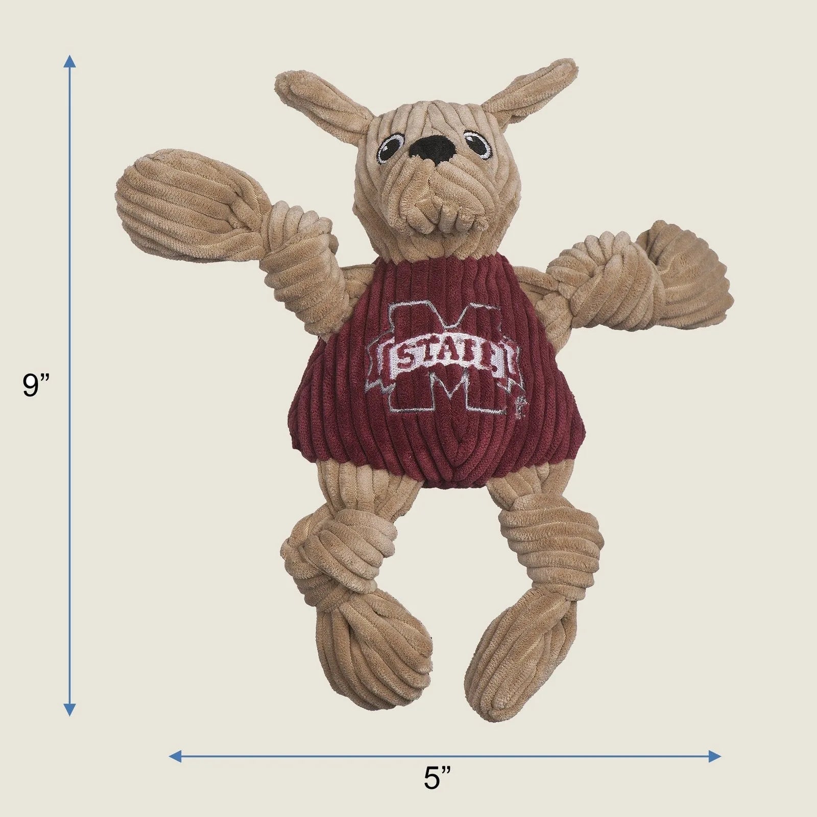 Bully the Bulldog plush dog toy features knotted limbs, a maroon shirt with "STATE," and durable corduroy fabric.