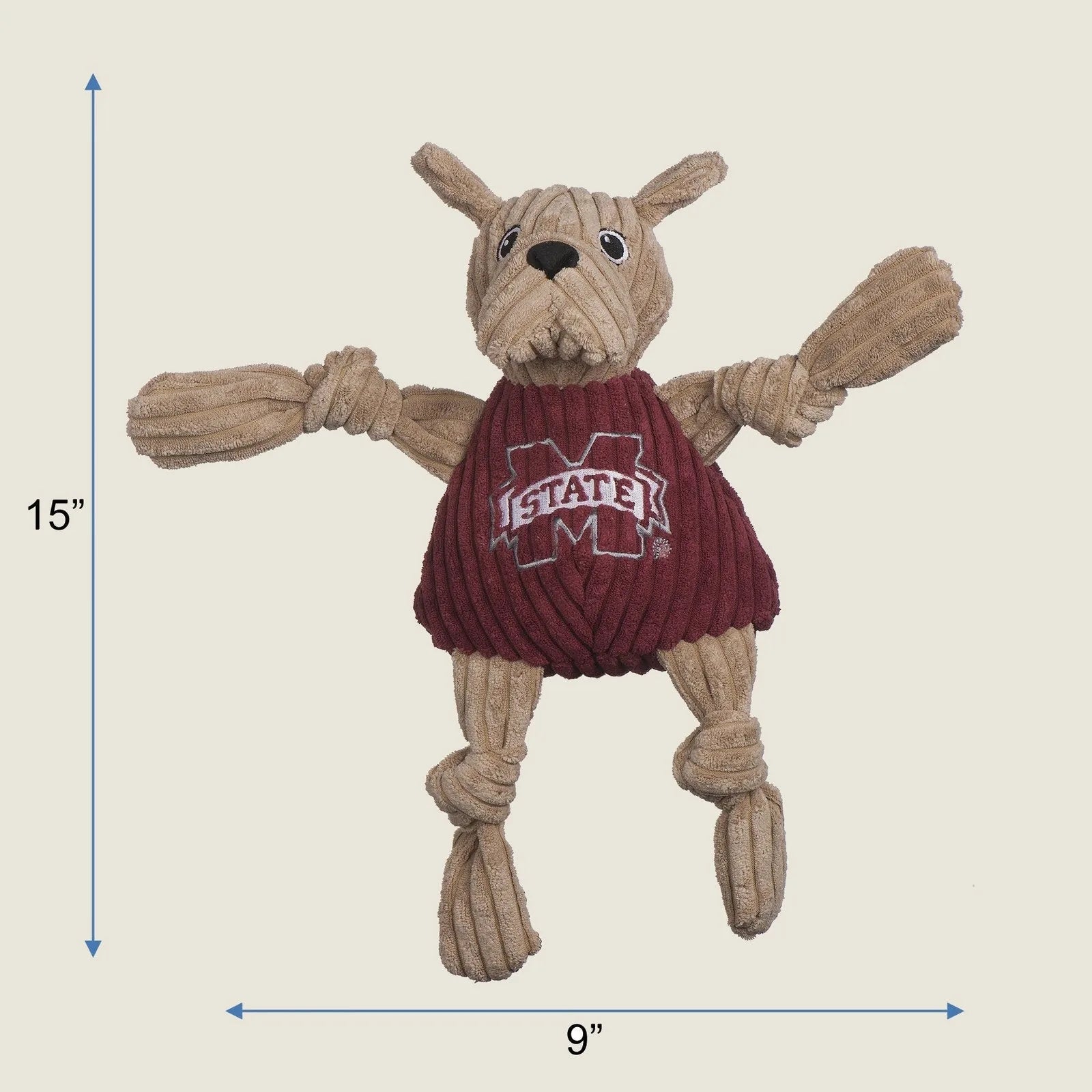 Bully the Bulldog plush toy with knotted limbs, wearing a maroon Mississippi State shirt, crafted from durable corduroy.