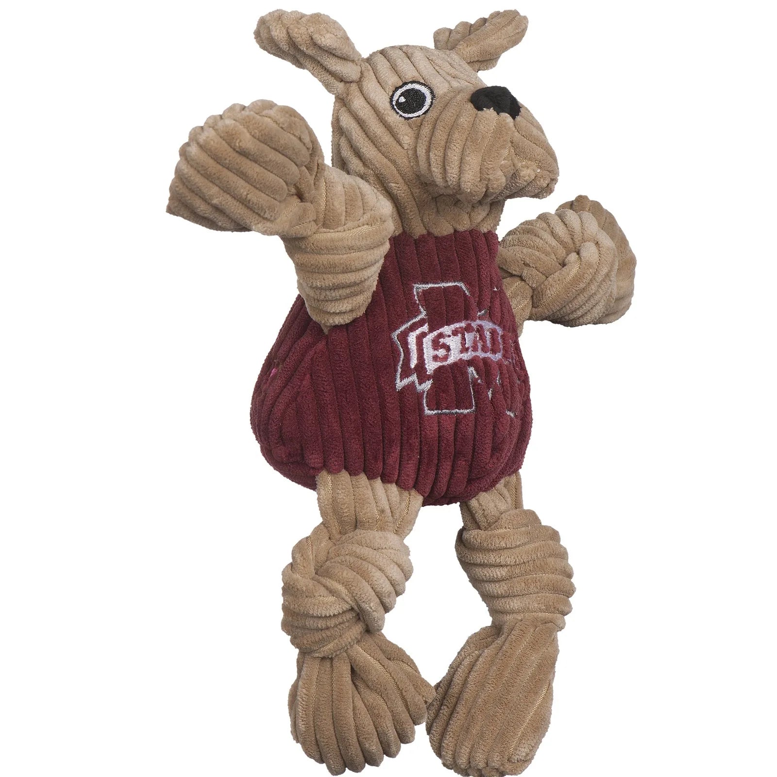 Plush Bully the Bulldog with knotted limbs, featuring a maroon jersey, perfect for playful dogs.