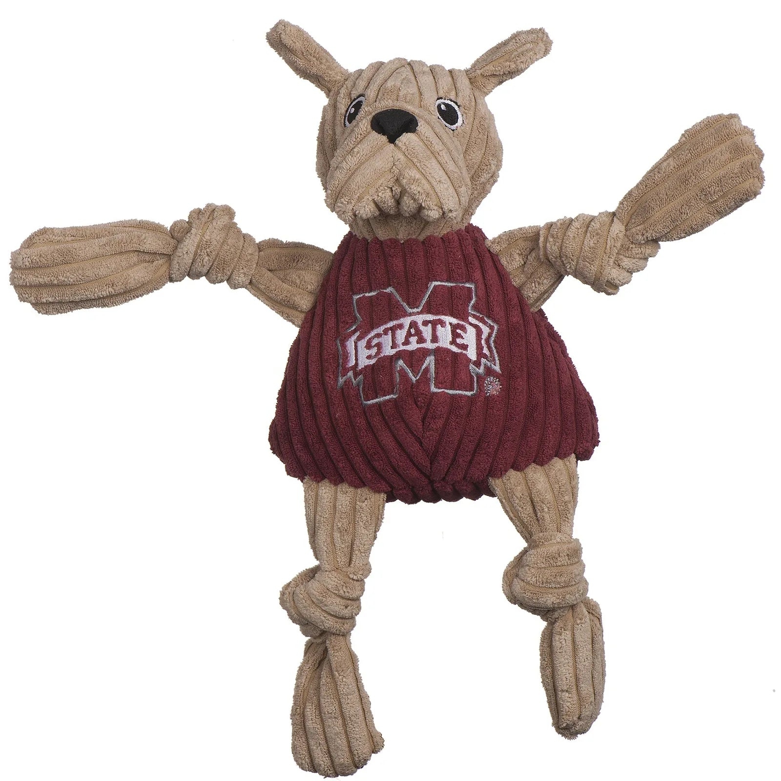 Bully the Bulldog plush dog toy in tan corduroy with a maroon Mississippi State jersey, featuring knotted limbs and squeak...