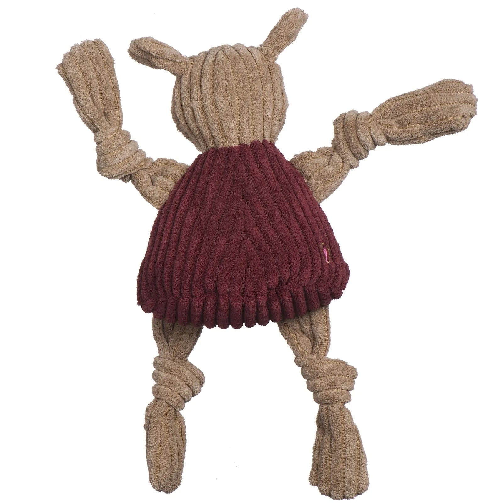 Bully the Bulldog plush dog toy with a tan body and maroon skirt, featuring knotted limbs for interactive play.