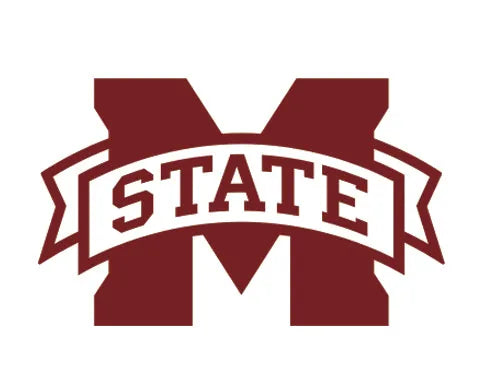 Mississippi State University logo in maroon and white featuring bold "M" with a banner that reads "STATE".
