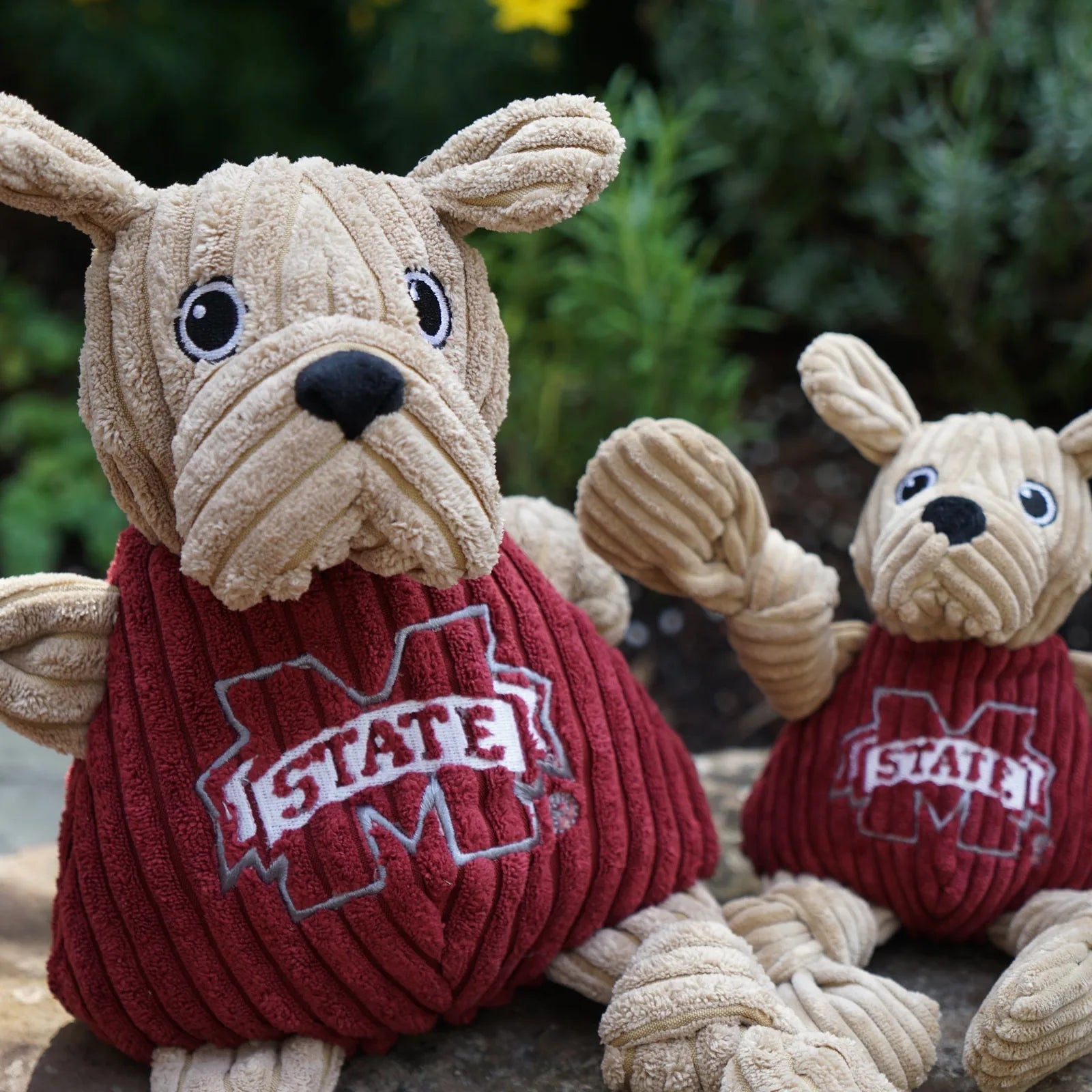 Bully the Bulldog plush dog toy in red and tan corduroy, featuring knotted limbs and Mississippi State logo.