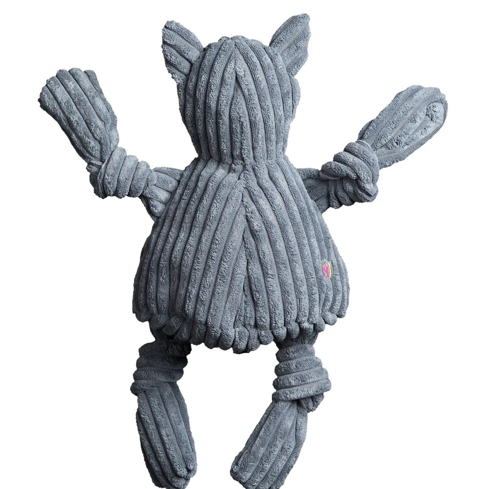 Gray plush dog toy with knotted limbs, designed for durability and interactive play. Features soft corduroy texture.