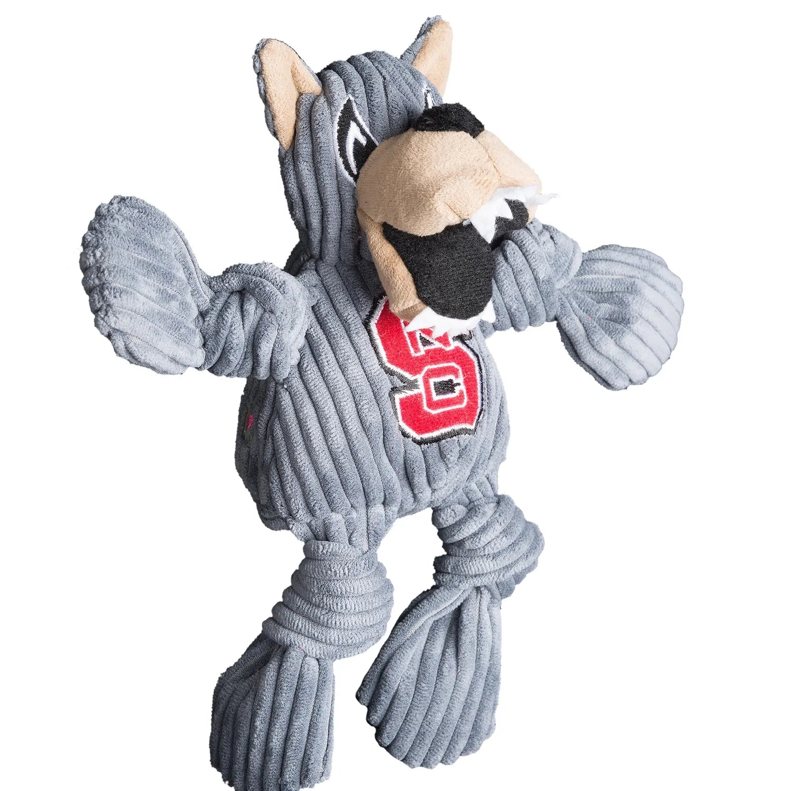 Gray plush dog toy shaped like Mr. Wuf, featuring knotted limbs, an NC State logo, and a soft corduroy texture.