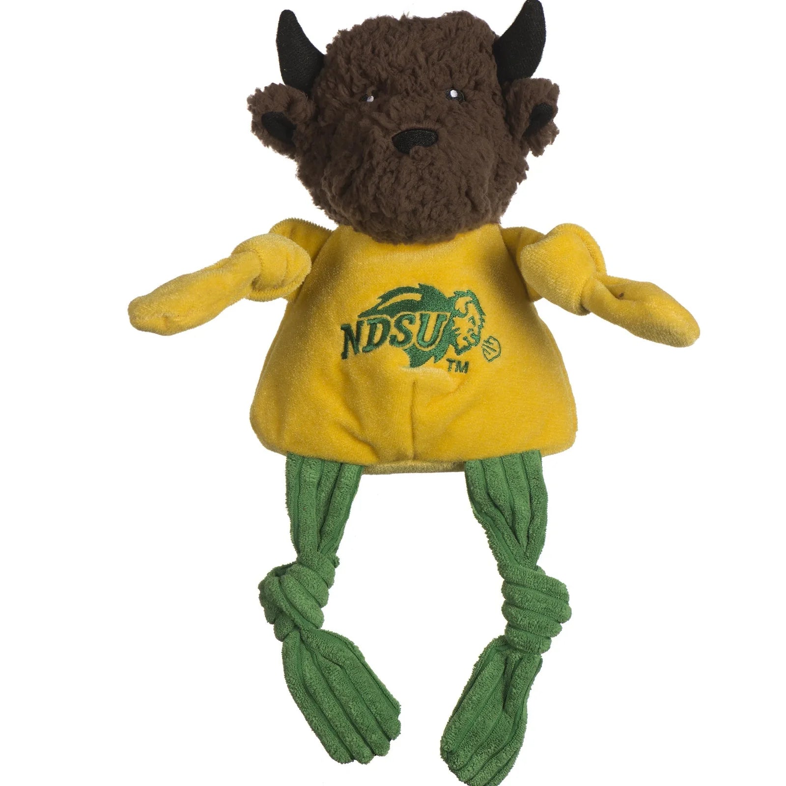 Thundar The Bison plush dog toy features a brown head, yellow body with NDSU logo, and knotted green limbs for durable play.