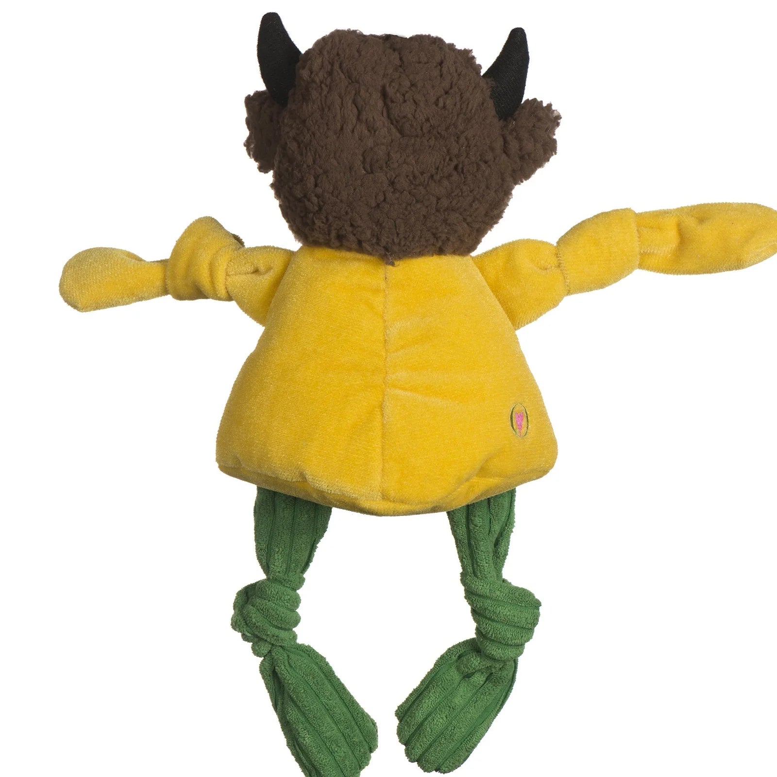 Thundar the Bison plush dog toy in yellow and green, featuring knotted limbs and a soft, textured exterior.