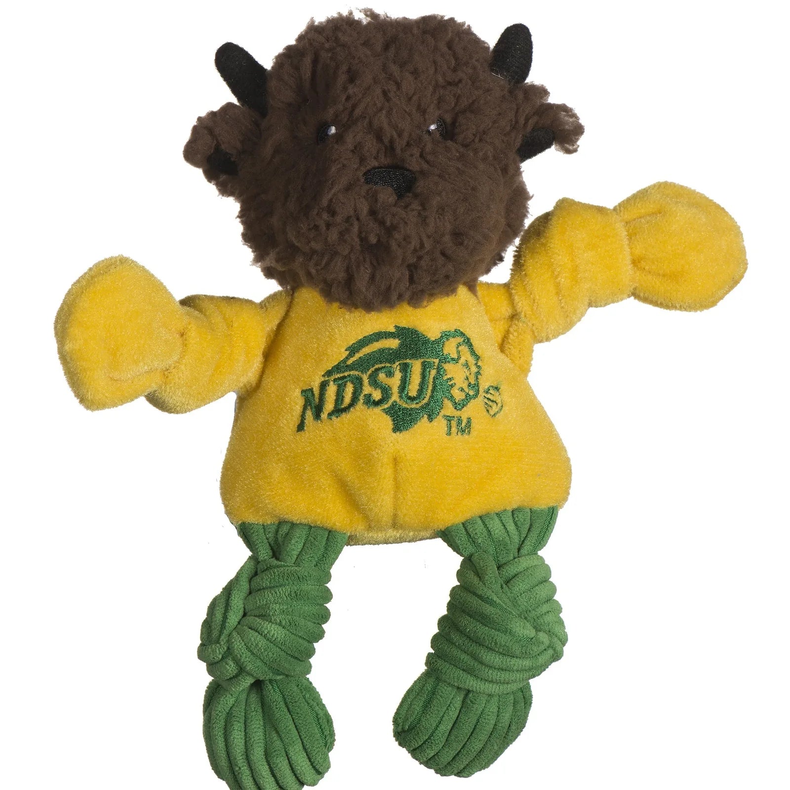 Thundar the Bison plush dog toy in yellow with green accents and knotted limbs, featuring five squeakers for playful fun.