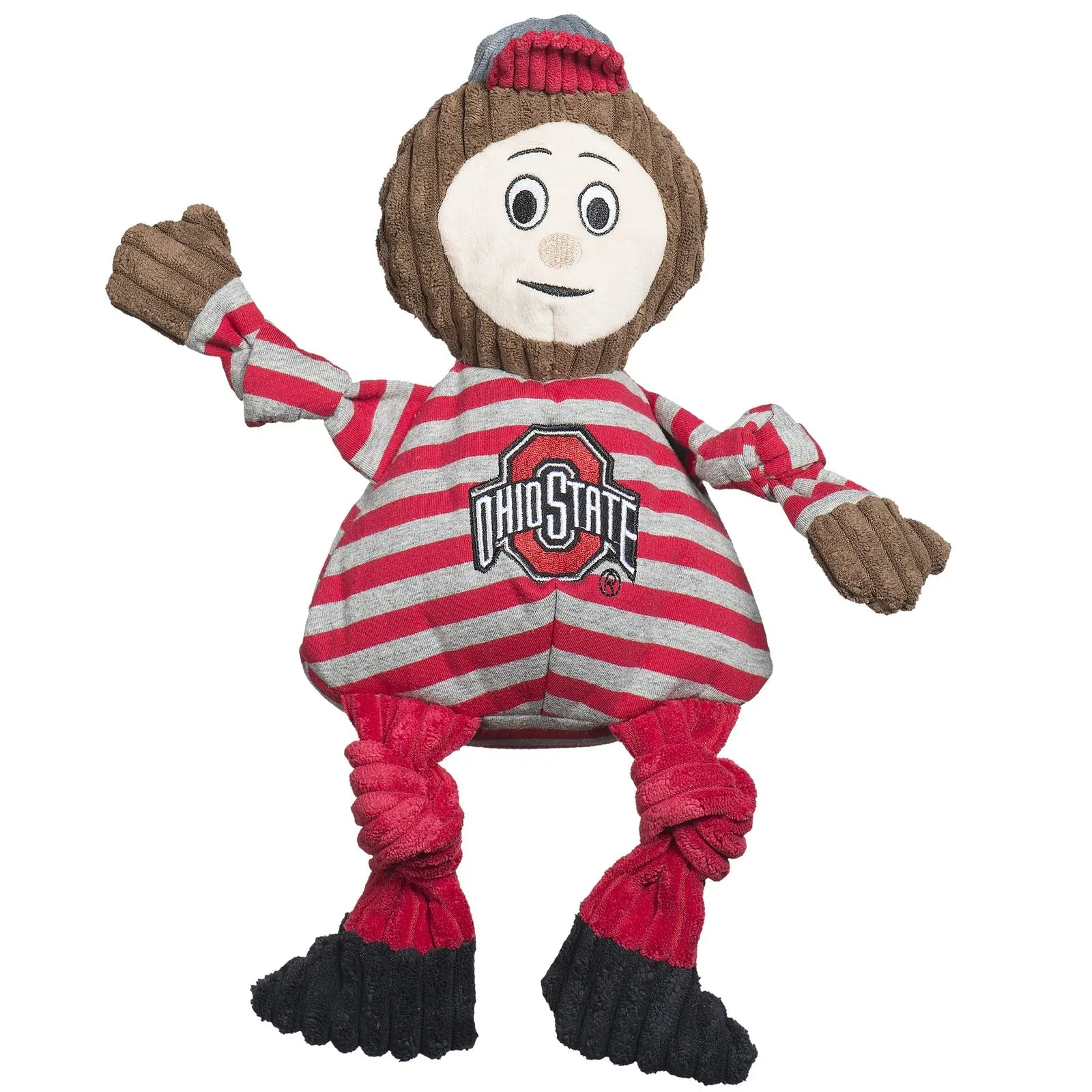 Ohio State University Brutus the Buckeye plush toy in red and gray, featuring knotted limbs and a friendly design.