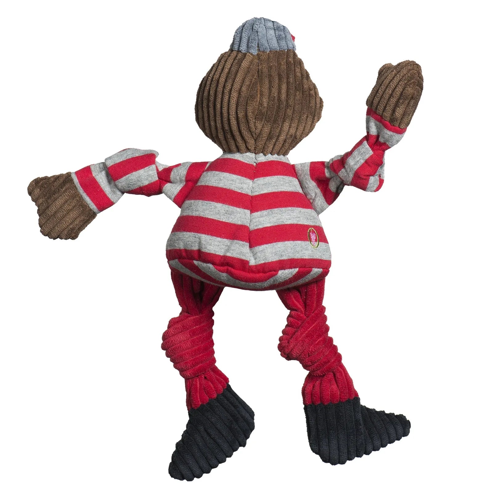 Plush Brutus the Buckeye dog toy with red and gray striped body, knotted limbs, and black corduroy feet for interactive play.