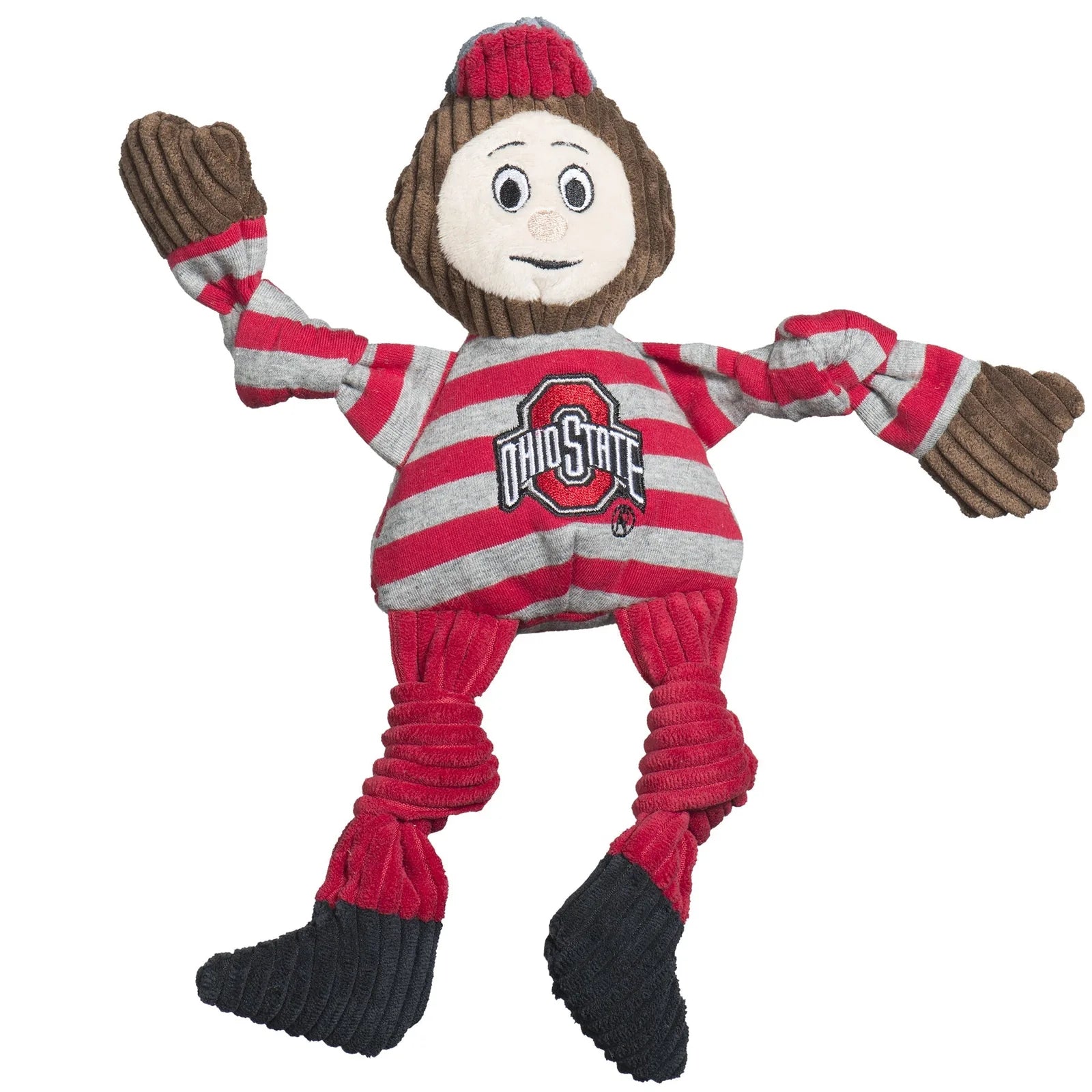 Plush NCAA Ohio State mascot Brutus the Buckeye toy with red and gray stripes, knotted limbs, and five squeakers for fun p...