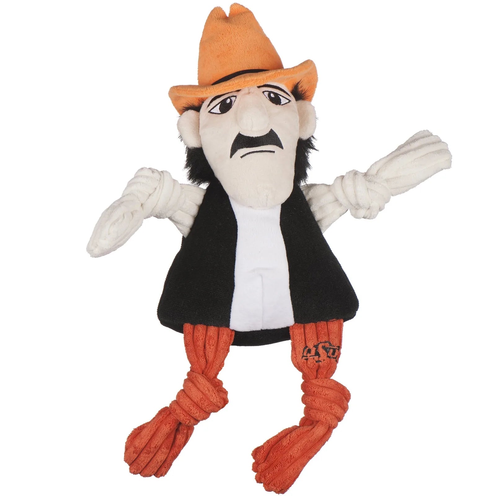 Oklahoma State University Pistol Pete plush dog toy with knotted limbs, orange hat, and durable black body.