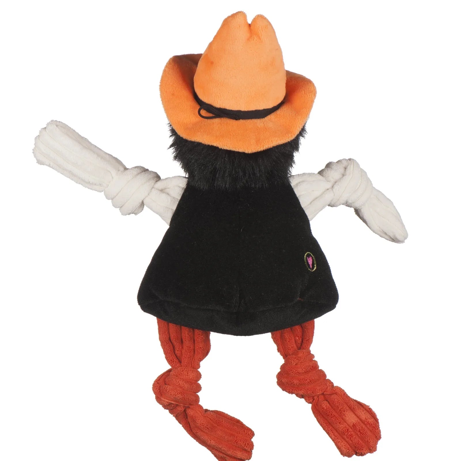 Oklahoma State University mascot plush toy with a black body, orange hat, and knotted limbs for interactive play.