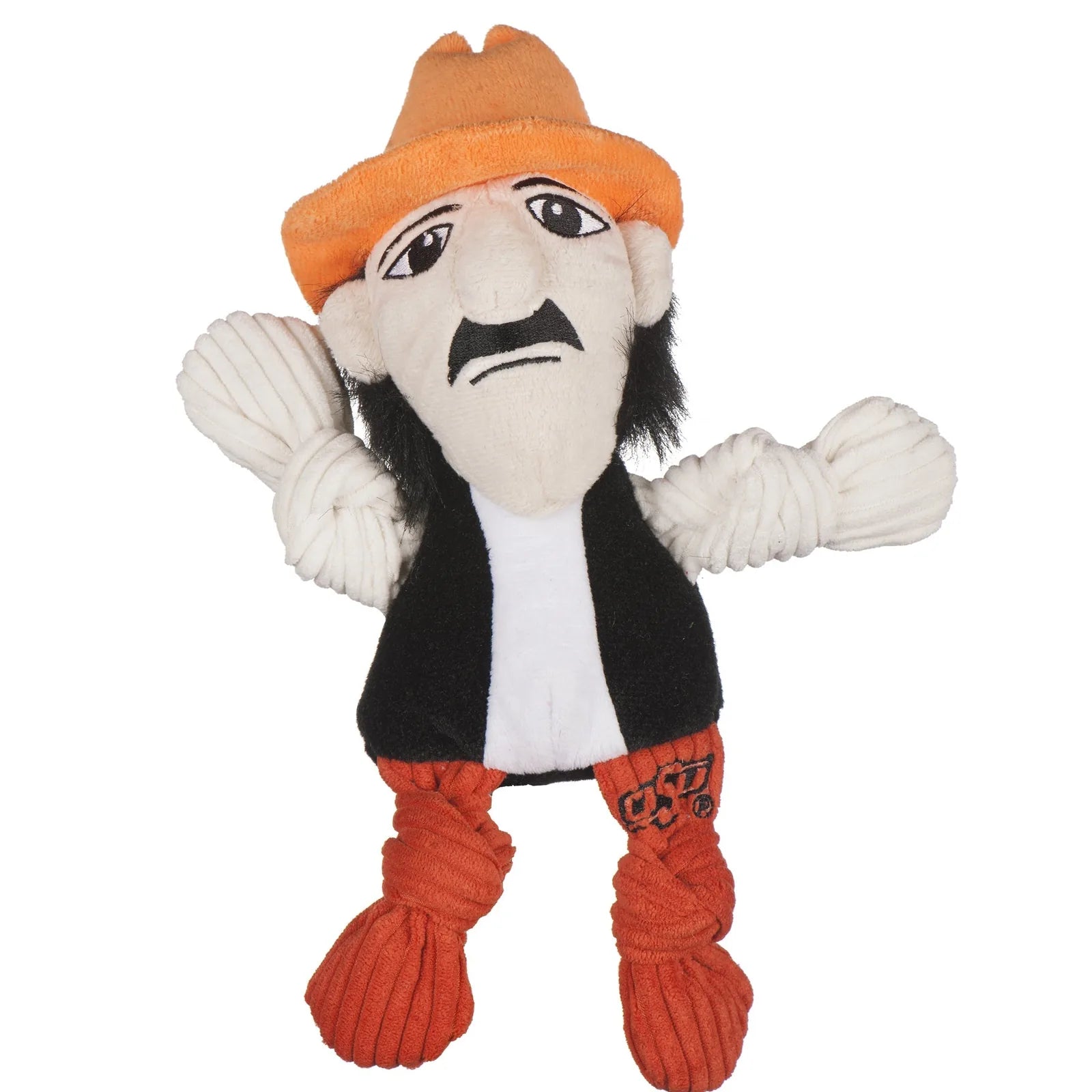 Oklahoma State University Pistol Pete plush toy with knotted limbs, orange hat, and five squeakers for engaging play.