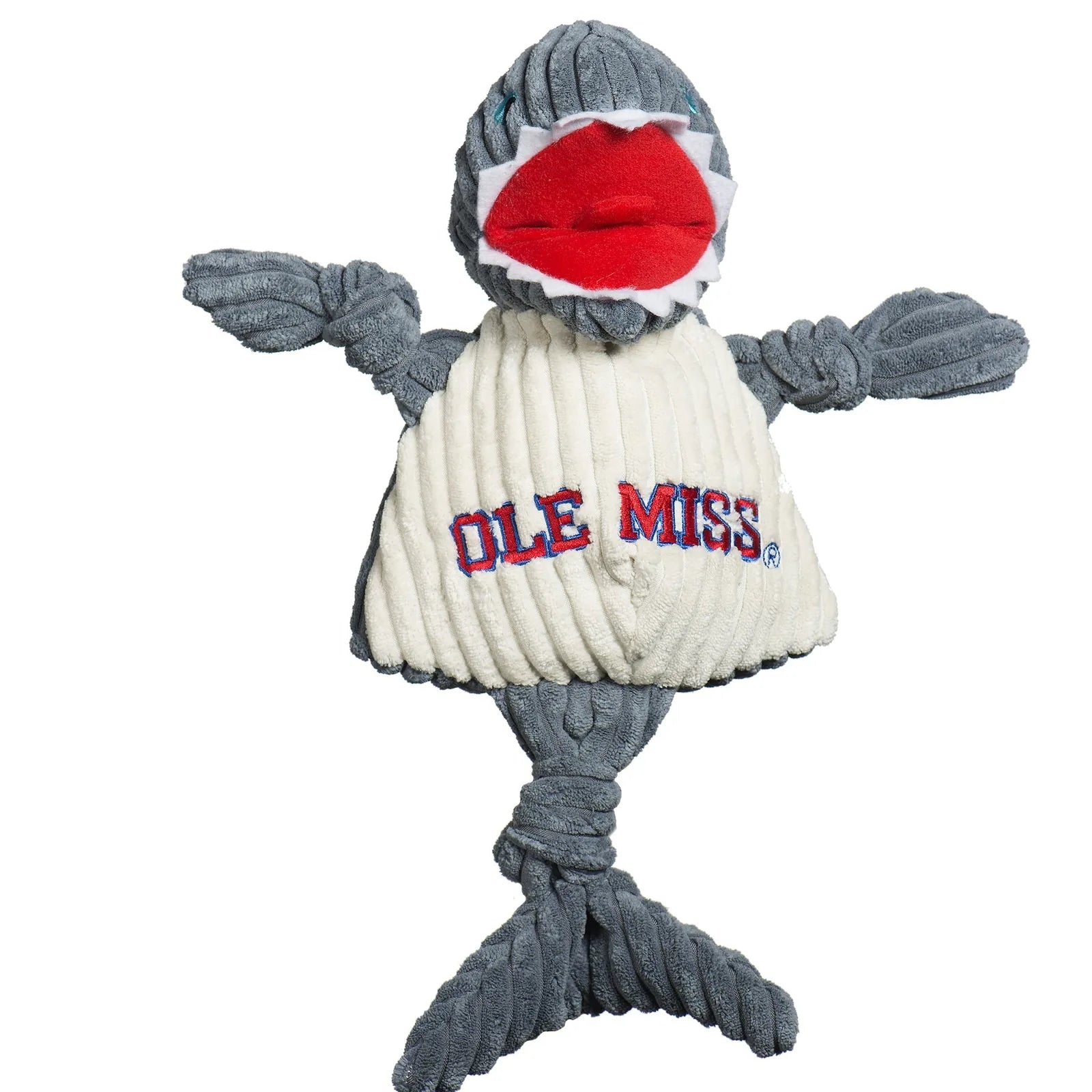 Tony Land Shark knottie plush dog toy with gray corduroy body and white shirt featuring "OLE MISS" in red embroidered text.