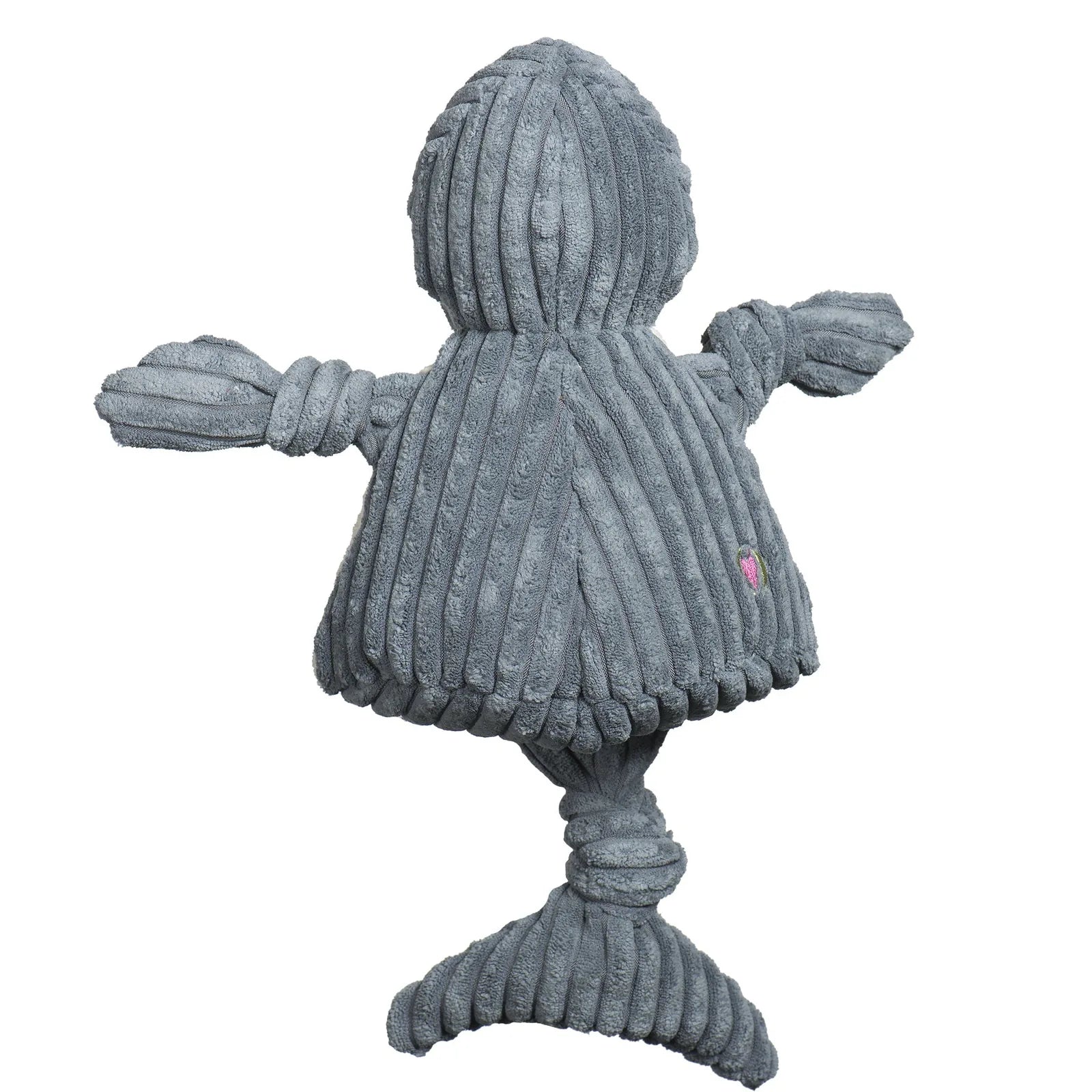 Grey plush dog toy with ribbed texture, knotted limbs, and a soft, cuddly design, ideal for interactive play.