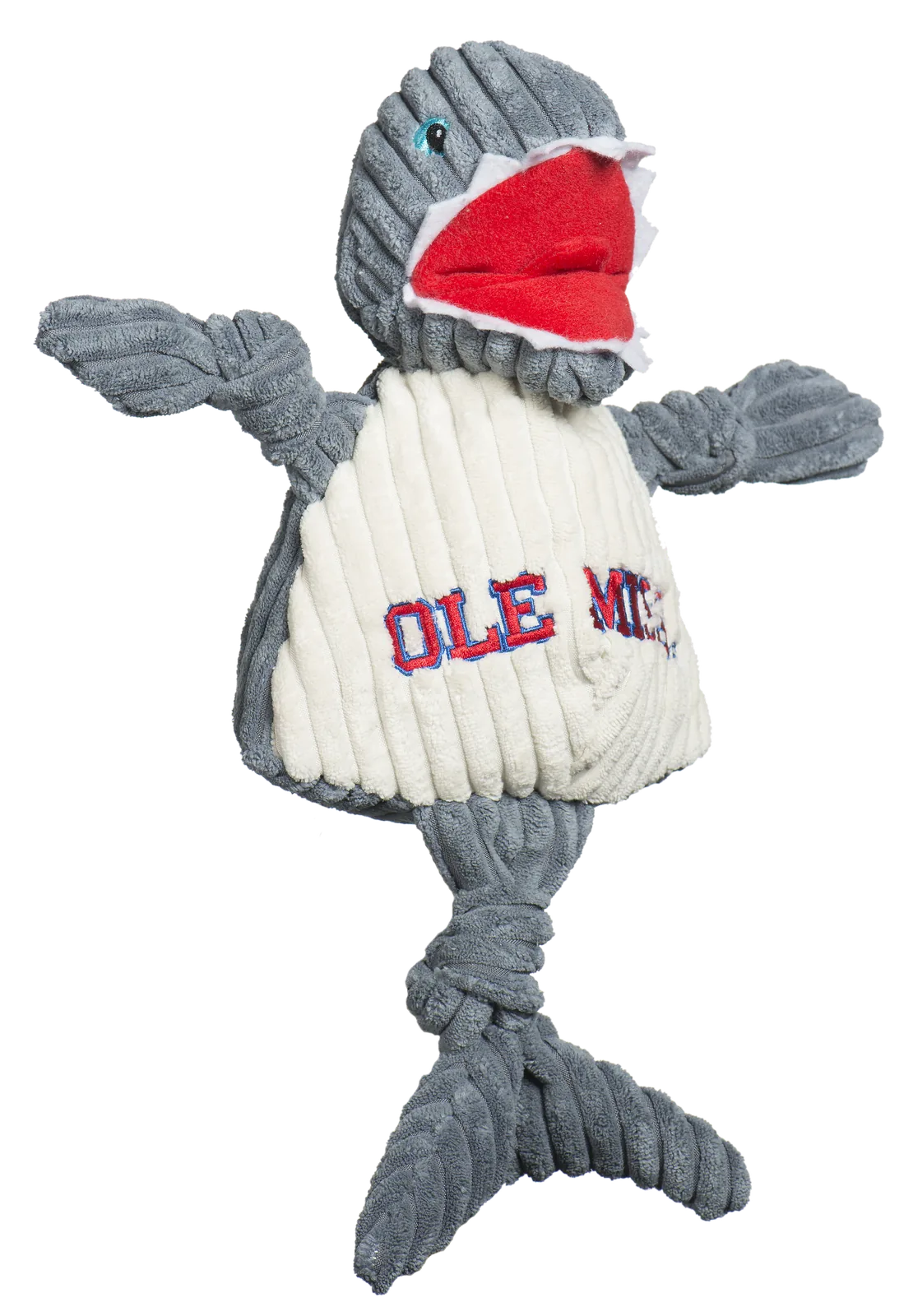 Gray and white plush Tony Landshark dog toy with knotted limbs and "OLE MISS" embroidery, ideal for interactive play.