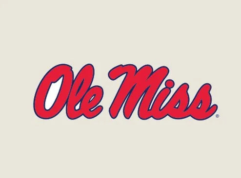 Red and blue "Ole Miss" logo on a light beige background, representing the NCAA University of Mississippi.