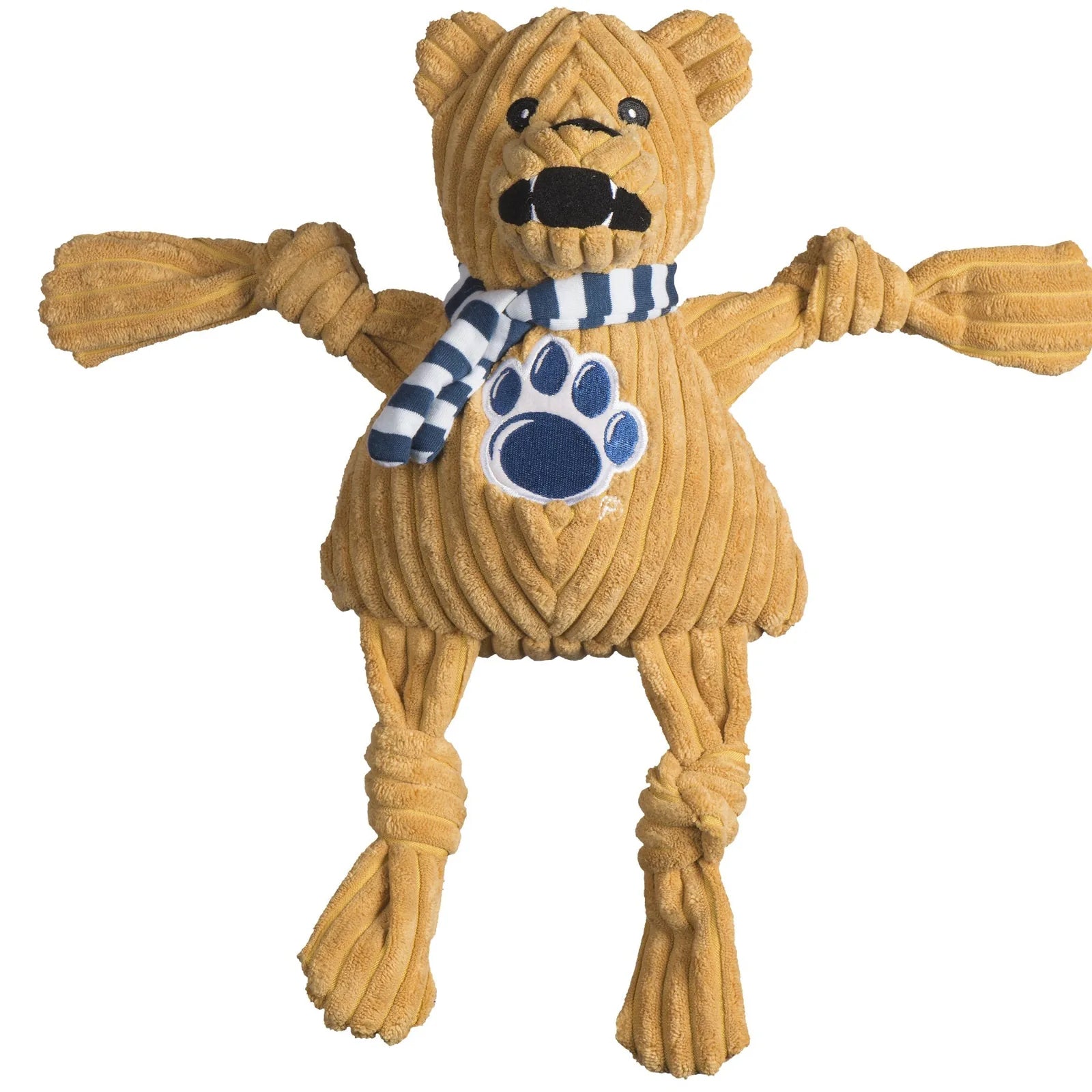Penn State Nittany Lion plush dog toy in tan corduroy, featuring knotted limbs and a striped scarf. Perfect for playtime.