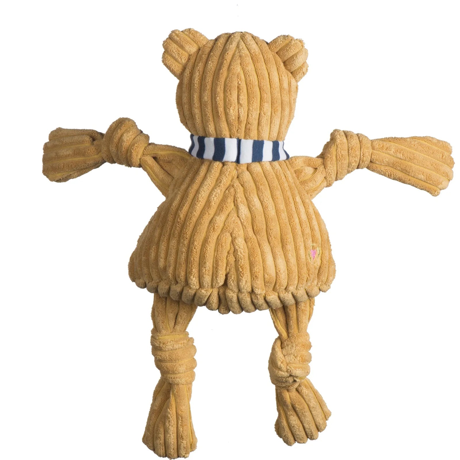 Nittany Lion Knottie® plush dog toy in golden corduroy with knotted limbs and a striped collar, designed for durability.