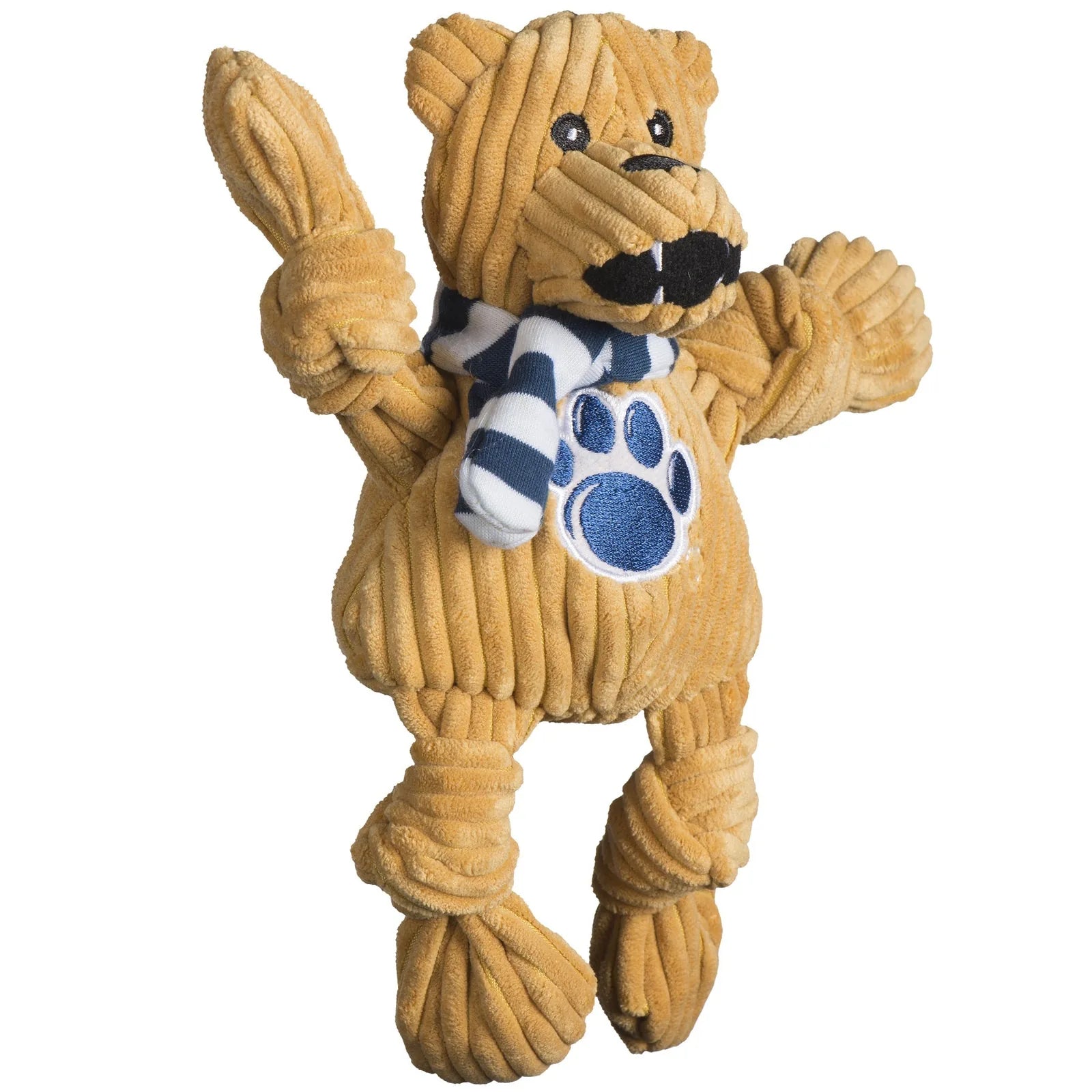 Penn State Nittany Lion Knottie® plush dog toy in tan corduroy with knotted limbs and blue-striped scarf.