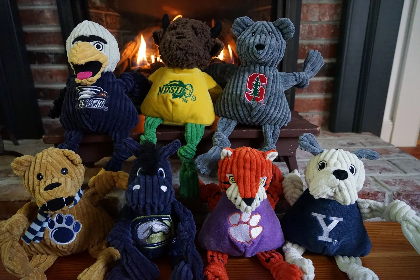 Nittany Lion plush dog toy with knotted limbs, made from durable corduroy in Penn State colors, perfect for playtime.