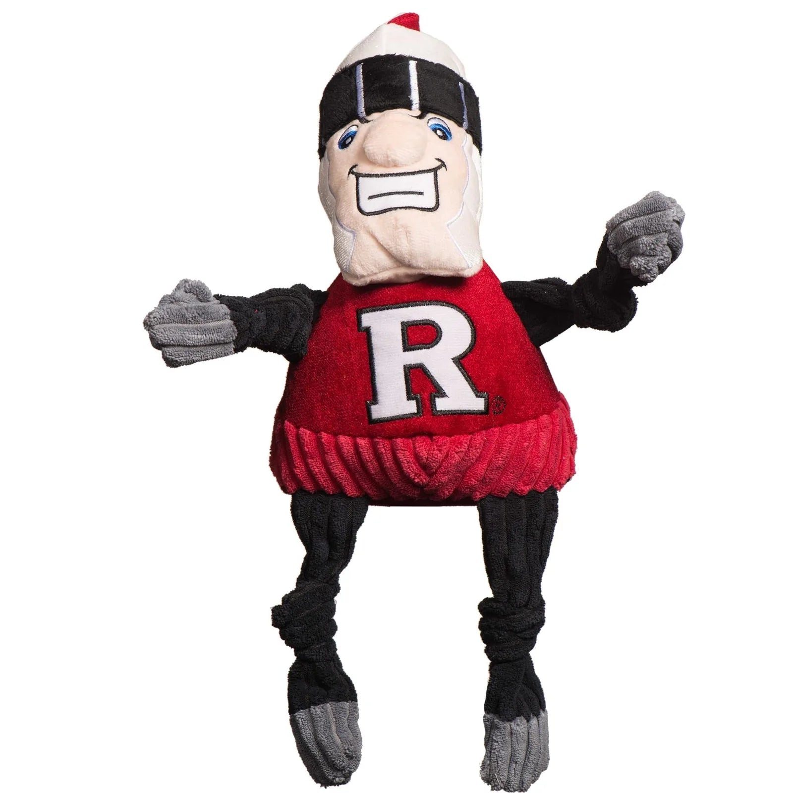 Rutgers Scarlet Knight plush dog toy with a smiling face, knotted limbs, and soft red and black corduroy material.