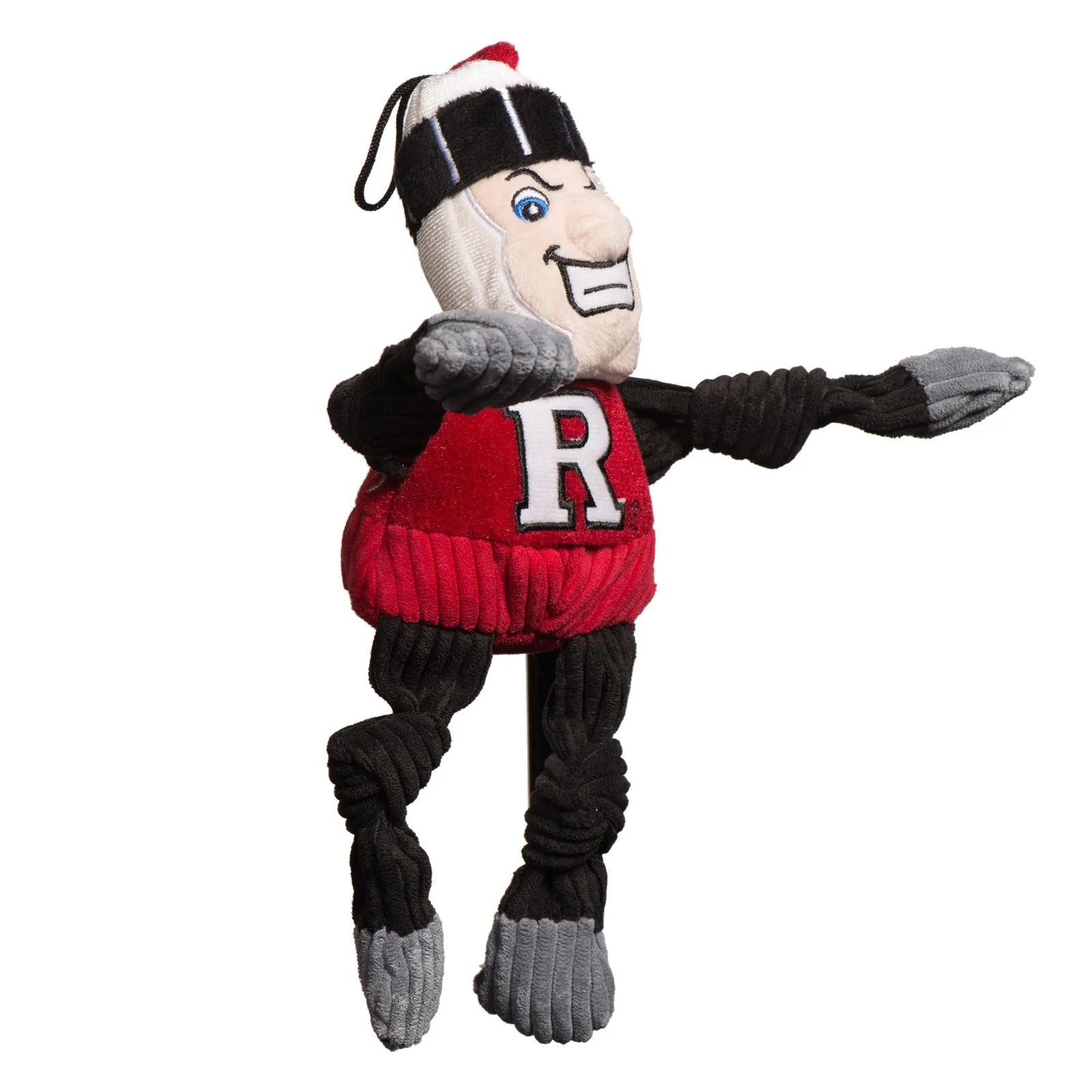 Rutgers Scarlet Knight plush dog toy with knotted limbs, red body, black arms, and gray hands, featuring five squeakers.