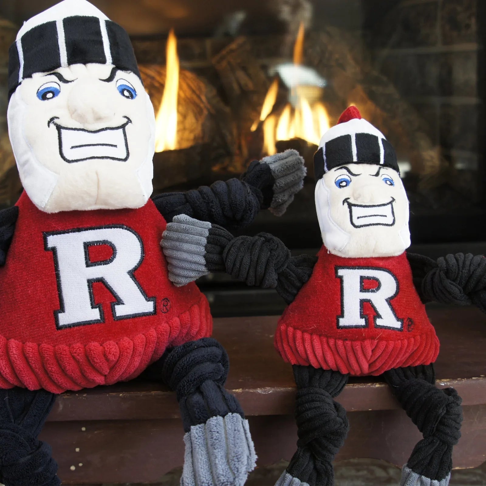 Rutgers Scarlet Knight Knottie plush dog toys in red with gray knotted limbs, perfect for interactive play.