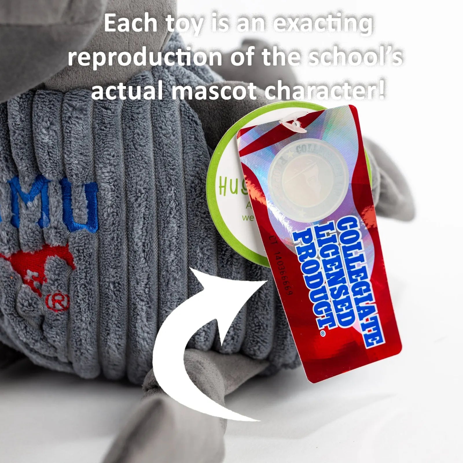 Gray plush dog toy featuring the SMU mascot, with knotted limbs and a collegiate licensed tag. Soft corduroy exterior visi...